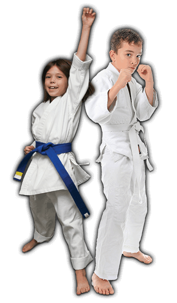 Martial Arts Lessons for Kids in Randolph __STATE__ - Happy Blue Belt Girl and Focused Boy Banner